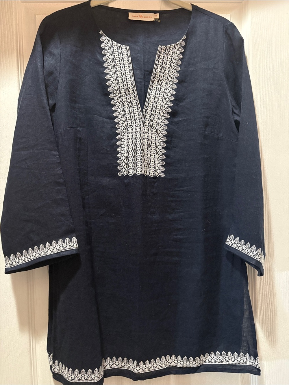 Tory Burch Navy Button-Down Shirt with White Embroidery